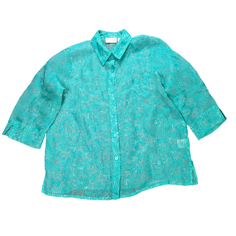 Alfred Dunner Button Front Blouse Women's Size 14 Teal Green Medallion Burnout